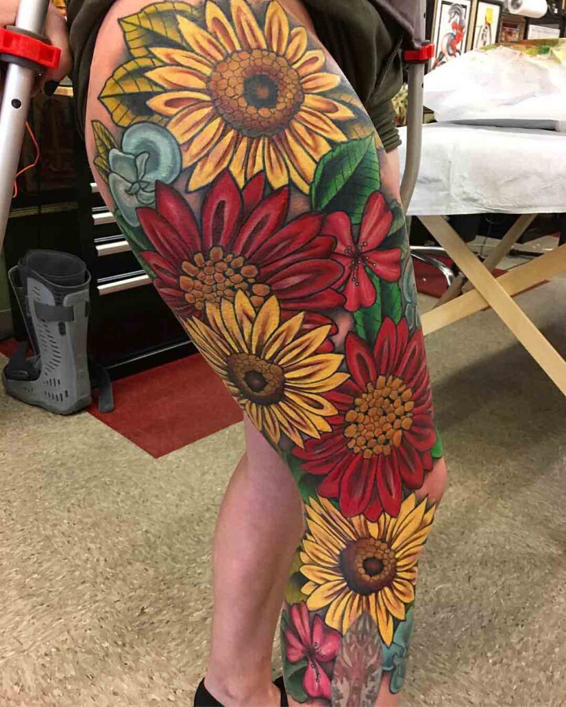 Full Leg Sleeve Tattoo Flowers by Chris Gallegos