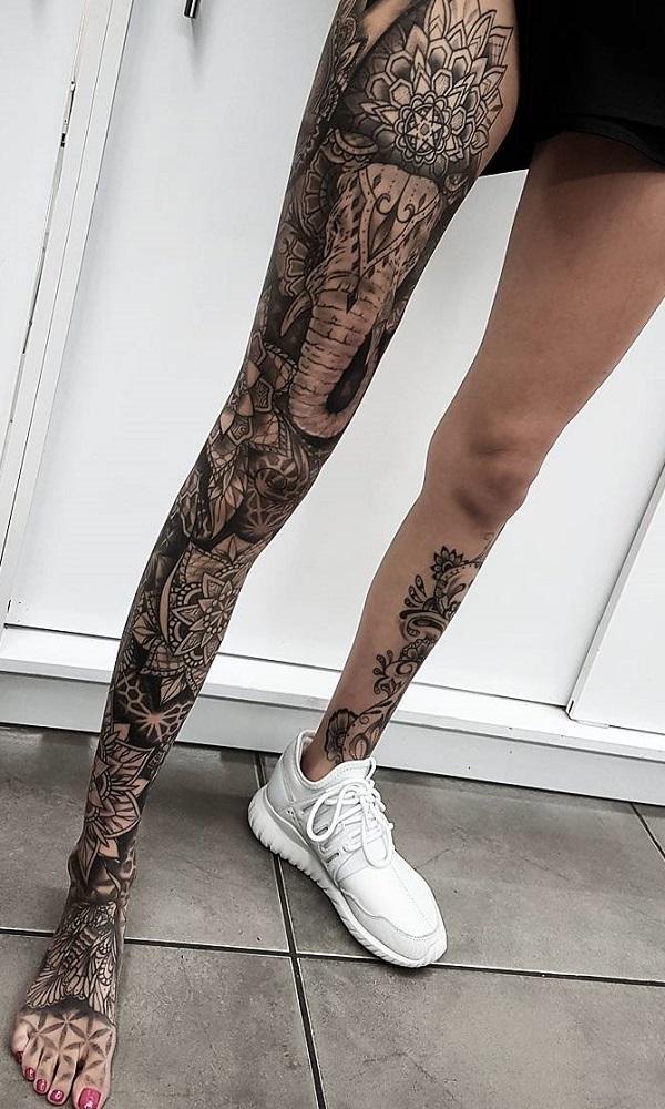 Incredible elefhant tattoo on leg