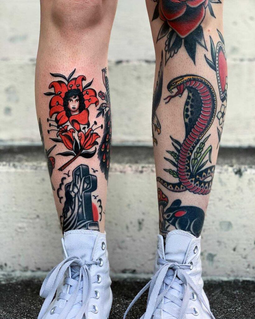Traditional leg tattoos by Javier Betancourt